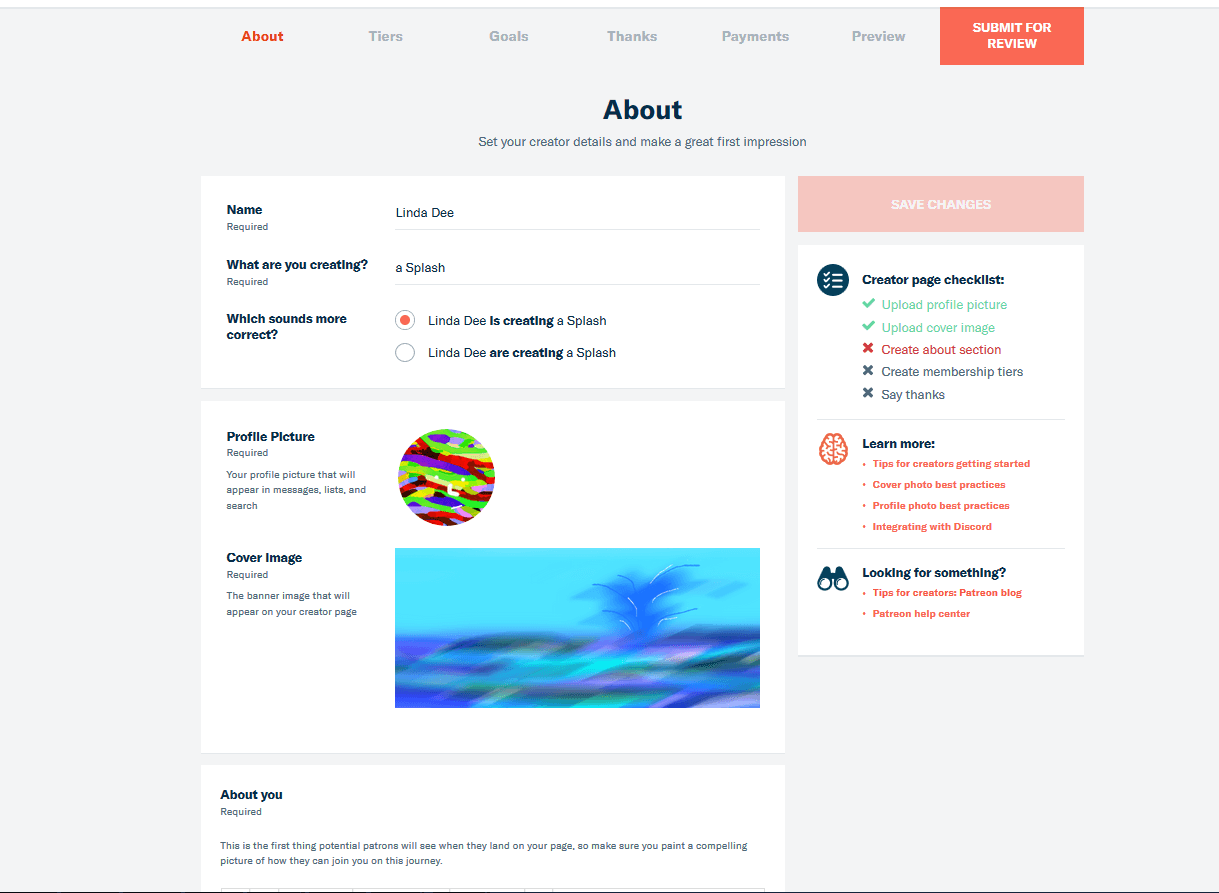 Backend de la page About de Patreon avec le nom d’utilisateur, l’objectif du montant à récolter et la photo de profil