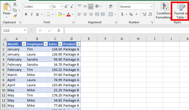 La base de données Excel formatée sous forme de tableau