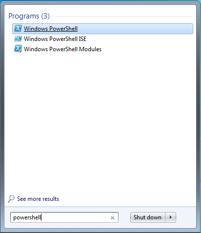 Windows PowerShell dans les résultats de recherche de Windows Explorer.