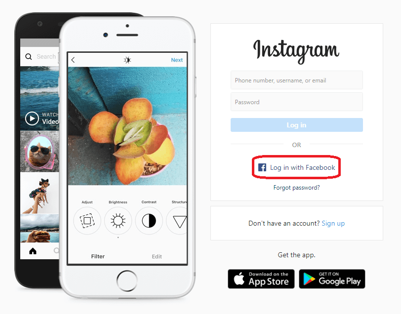 Bouton « Se connecter avec Facebook » sur la page d’accueil d’Instagram