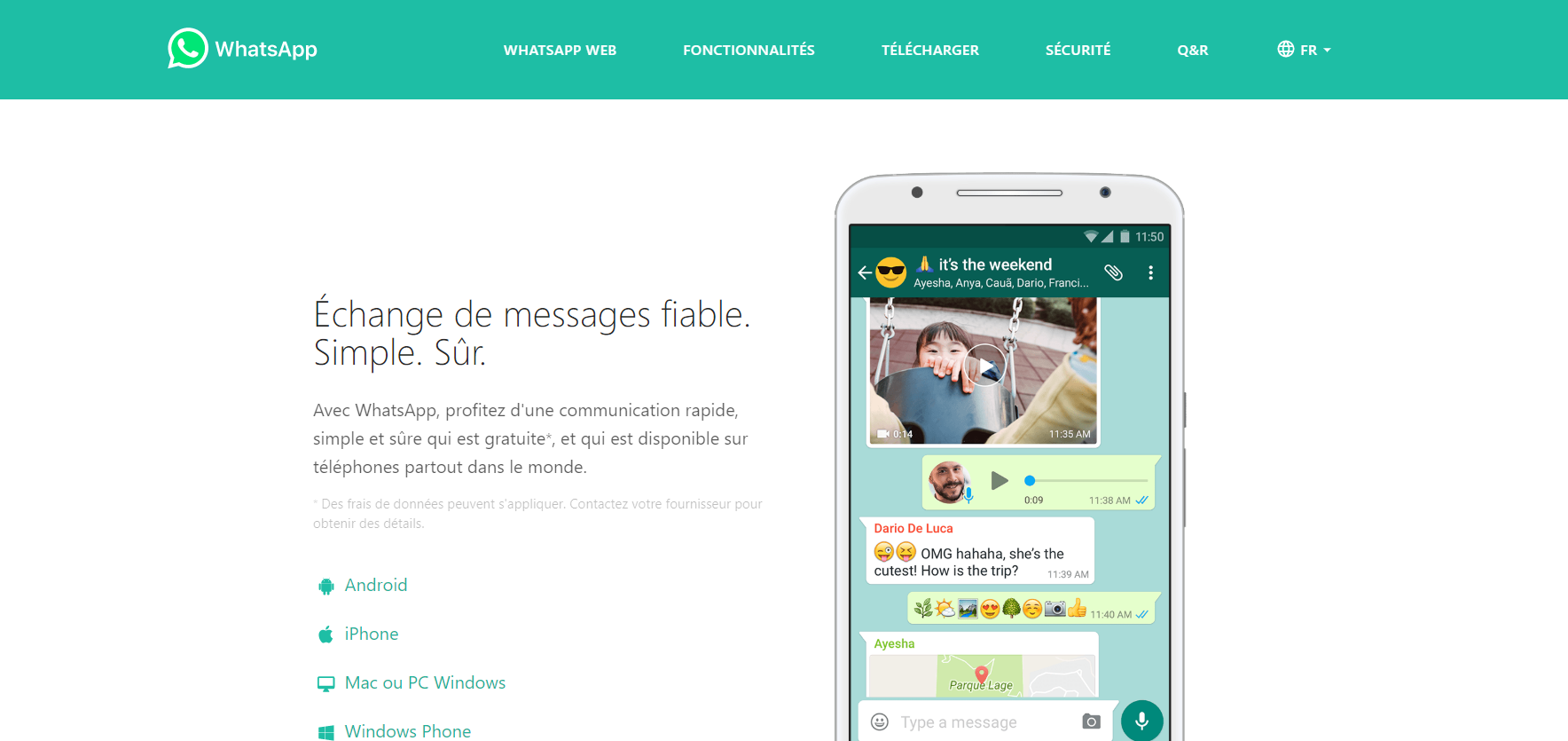 Page d’accueil de WhatsApp en français