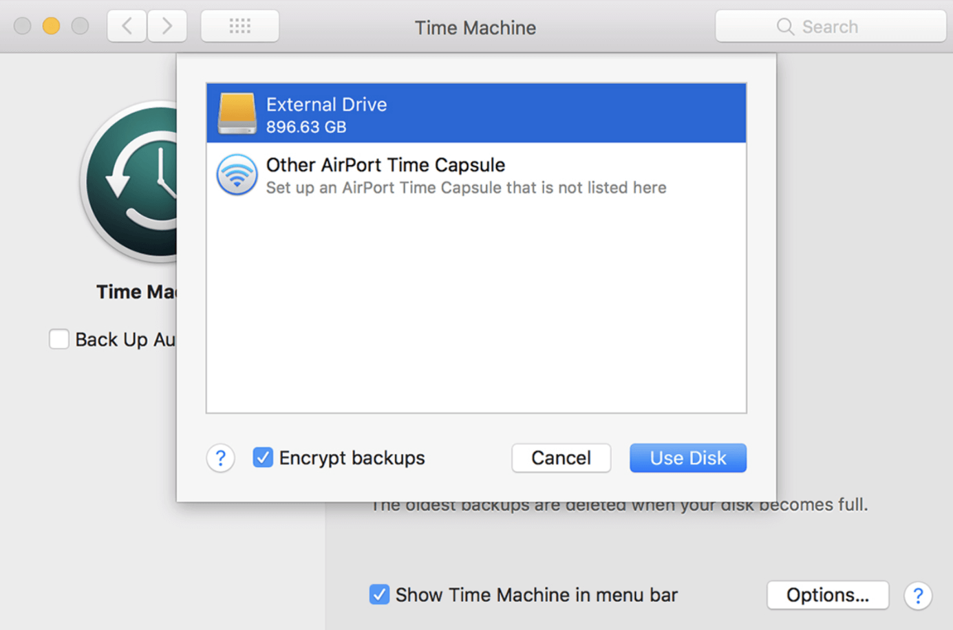 Notification macOS : utiliser le support de stockage comme disque de sauvegarde