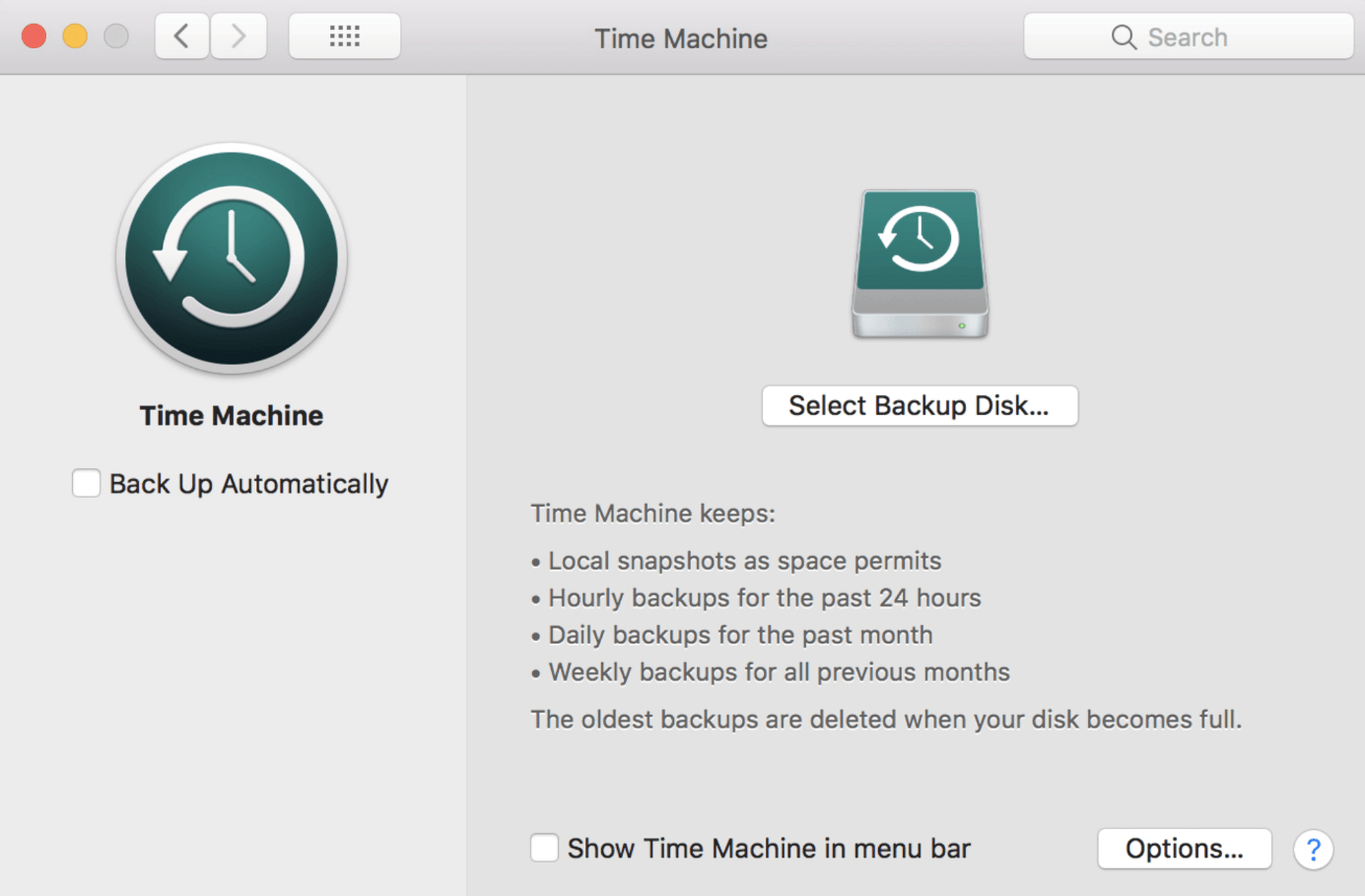 Time Machine : bouton « Sélectionner le disque de sauvegarde »