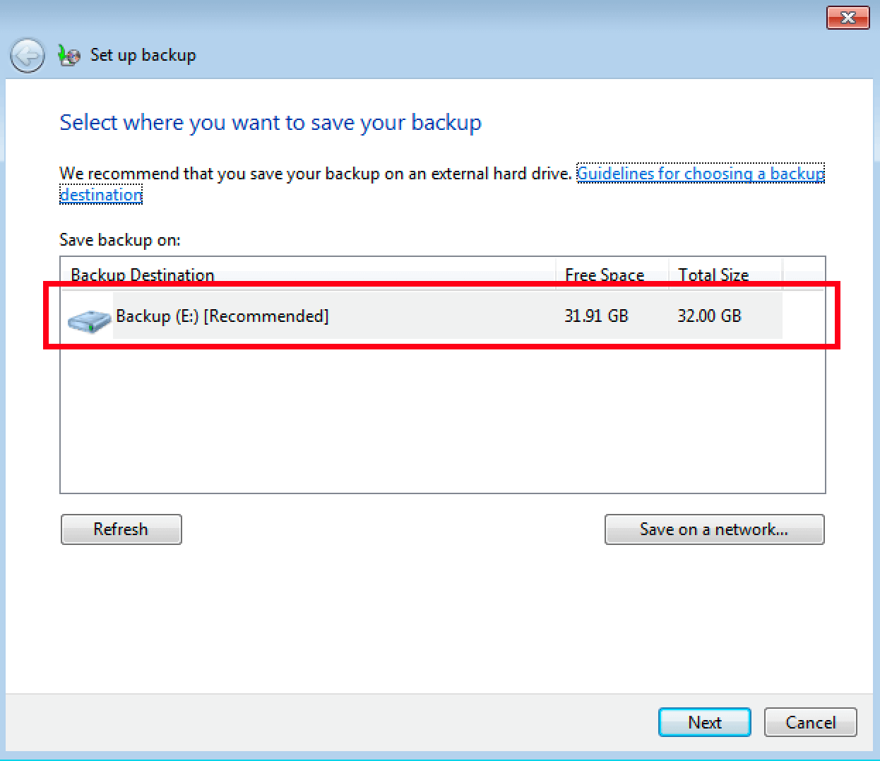 Sélection de l’emplacement d’enregistrement du backup Windows 7