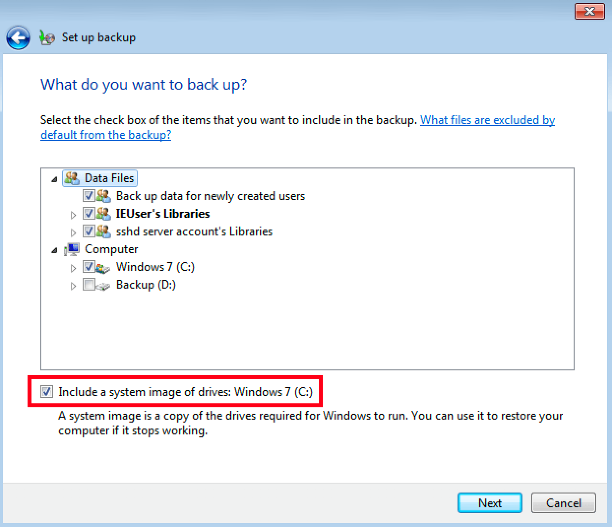 Sélection manuelle des dossiers de backup dans Windows 7