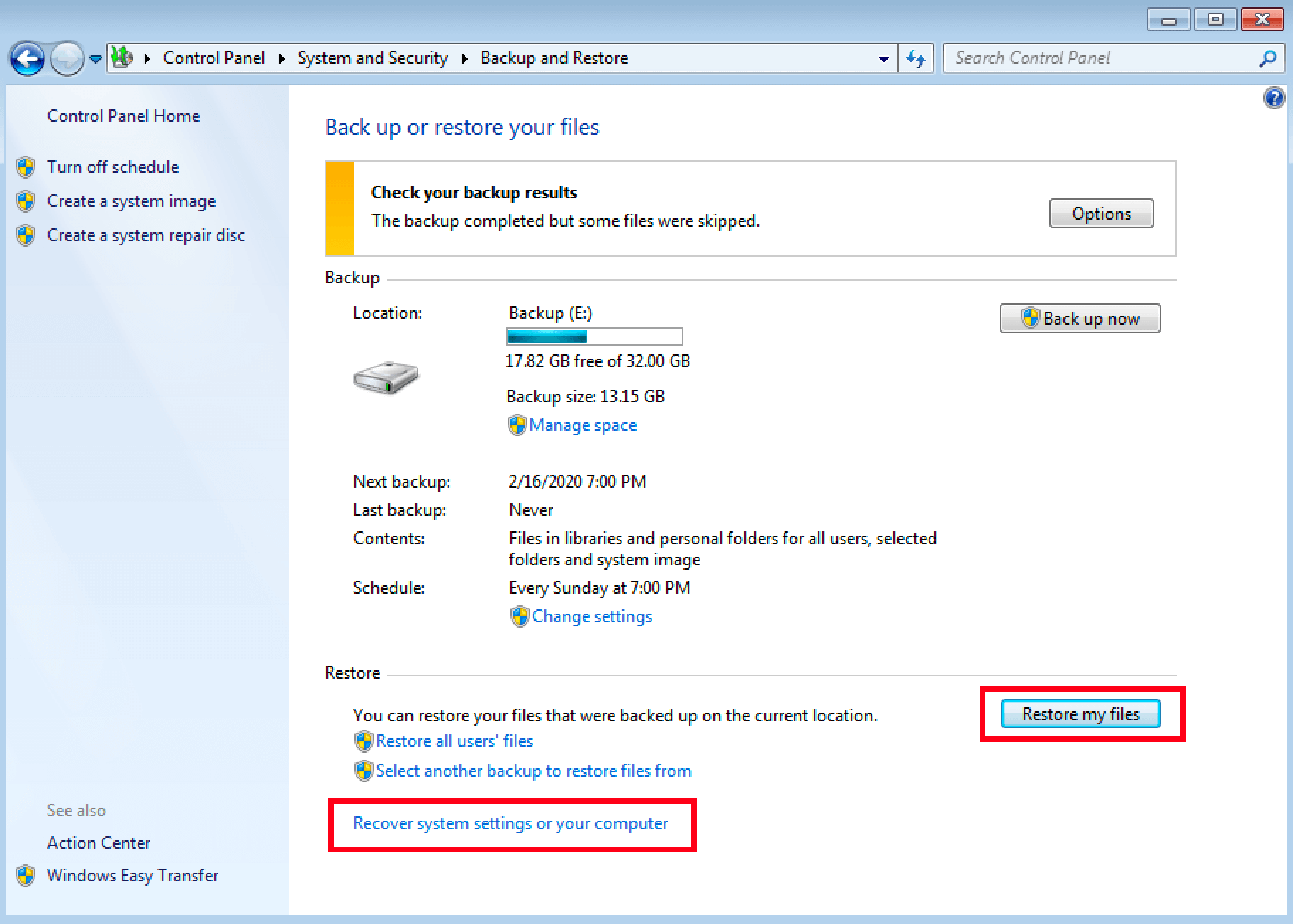 Options de restauration dans Windows 7