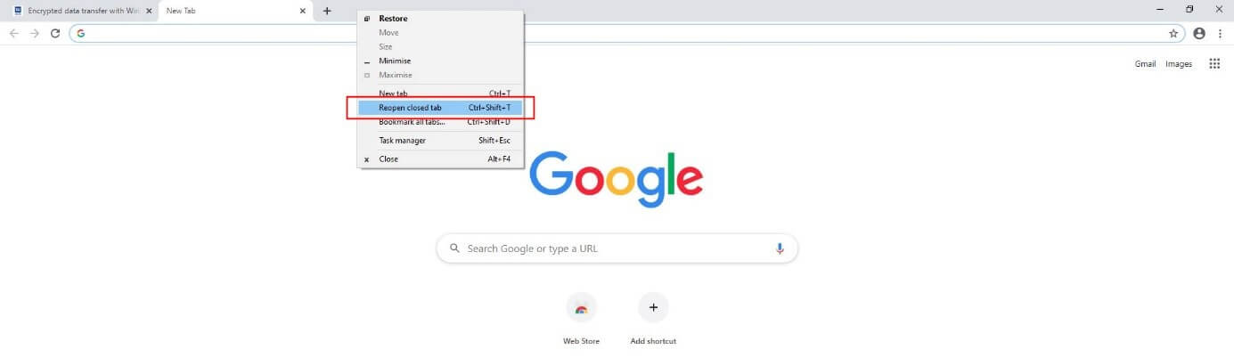 Google Chrome : option de menu « Rouvrir l’onglet fermé »