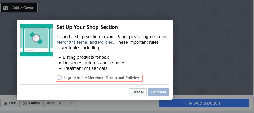 Configuration de la boutique Facebook : conditions d’utilisation