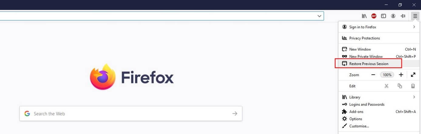 Menu Firefox : bouton « Restaurer la session précédente »