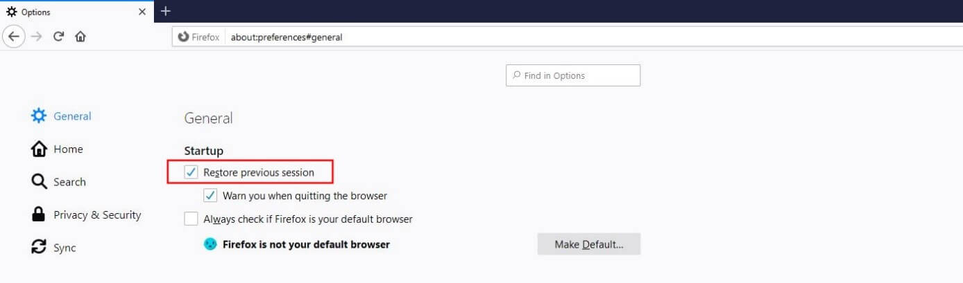 Firefox : restaurer la dernière session au démarrage