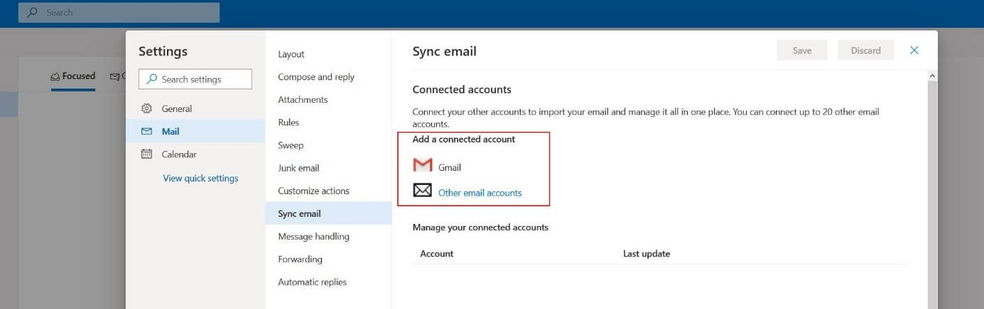 Outlook Web : menu « Synchroniser le courrier »