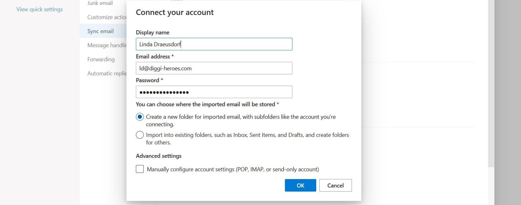 Fenêtre vers la connexion de compte dans Outlook Web