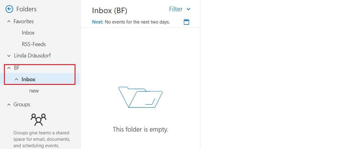 Outlook sur le Web : dossiers avec la boîte aux lettres ajoutée