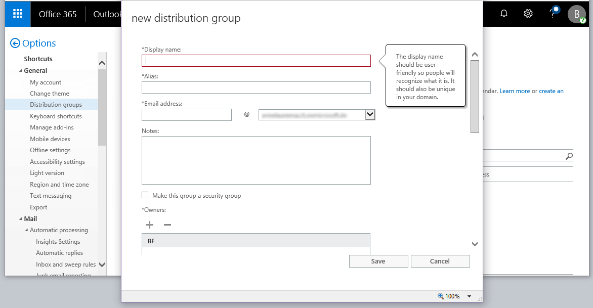 Outlook sur le Web : masque de configuration pour un nouveau groupe de distribution Outlook sur le Web : masque de configuration pour un nouveau groupe de distribution