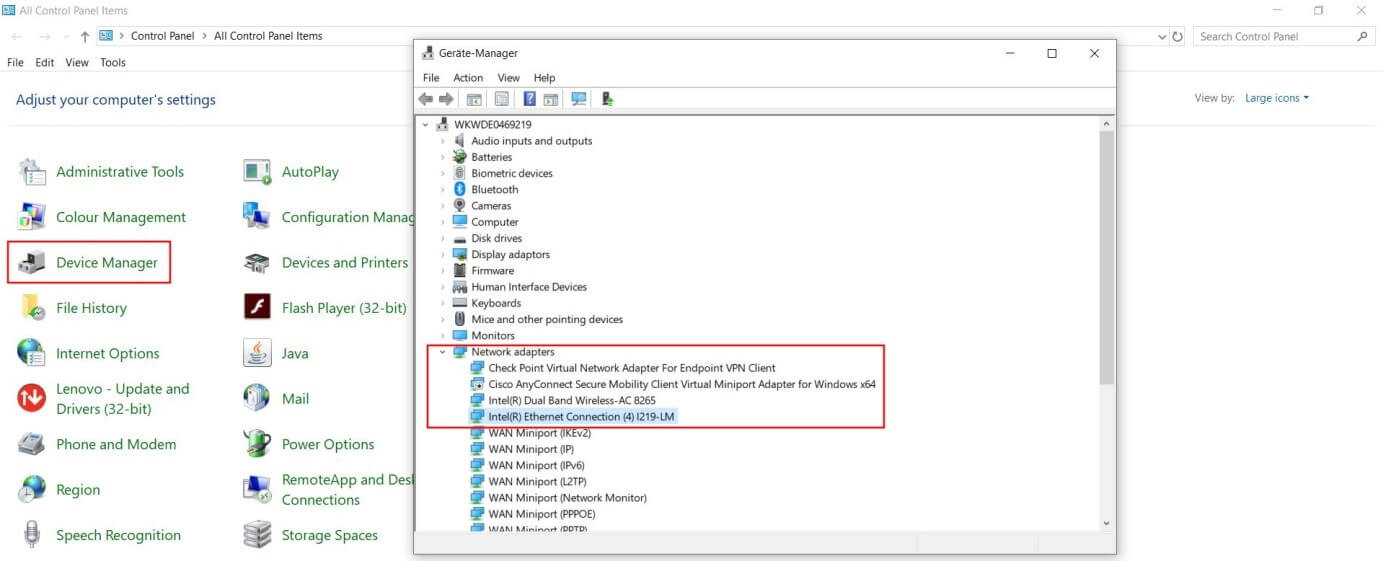 Windows 10 : le gestionnaire de périphériques avec l’entrée « Adaptateur réseau » ouverte