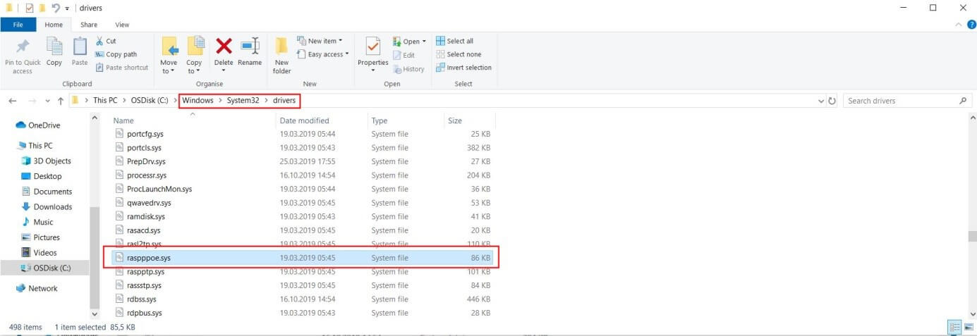 Windows 10 Explorer : répertoire du fichier raspppoe.sys