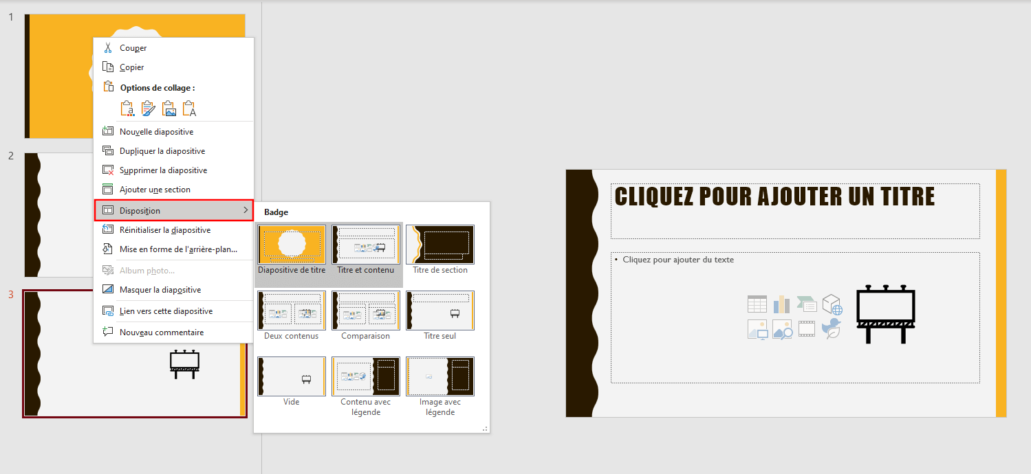 Dans PowerPoint, cliquer droit sur la diapositive permet de choisir la mise en page