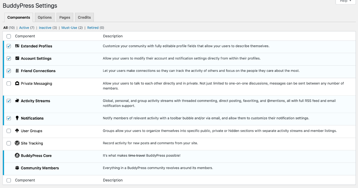Paramètres de BuddyPress dans le back-office de WordPress 