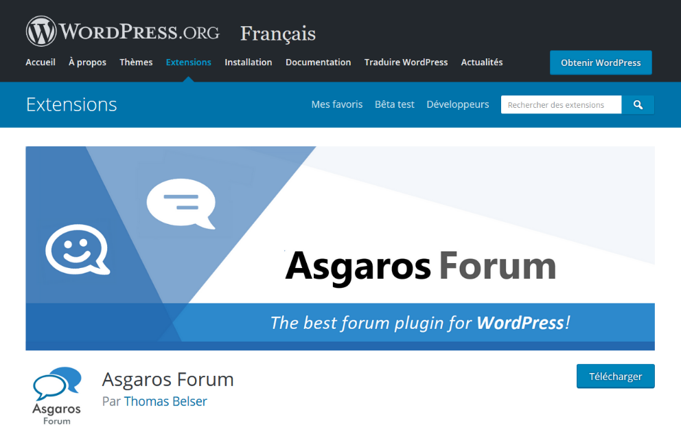 Page de téléchargement d’Asgaros Forum sur WordPress.org 