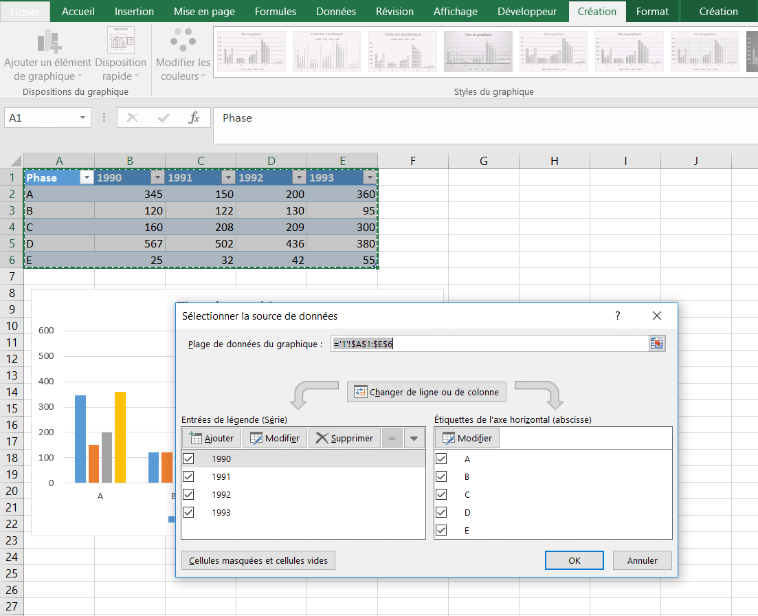 Fenêtre de menu pour la configuration de la plage de données d’un graphique Excel