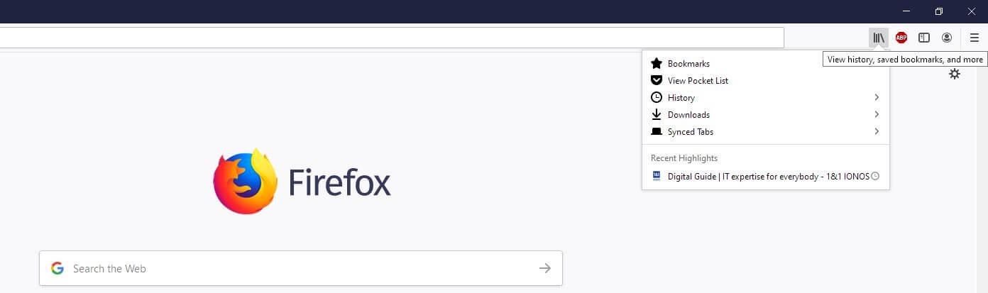 Menu Firefox desktop « Consulter l’historique, les marque-pages enregistrés et plus encore »