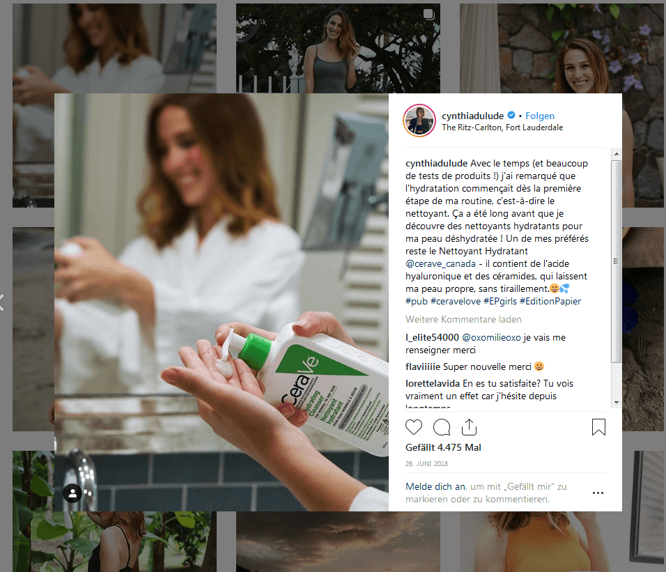 La photo montre un post Instagram de Cynthia Dulude faisant de la publicité pour la marque CeraVe