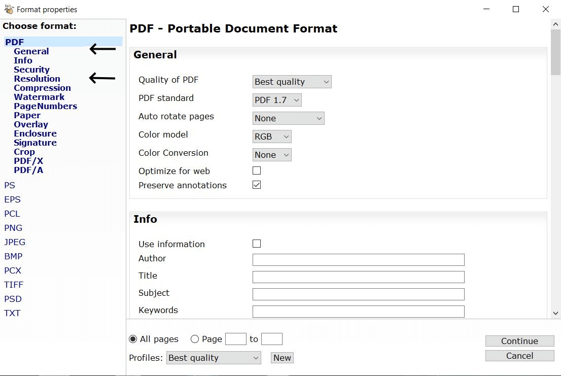 Réglage des options de PDF24 pour l’exportation d’un nouveau fichier PDF