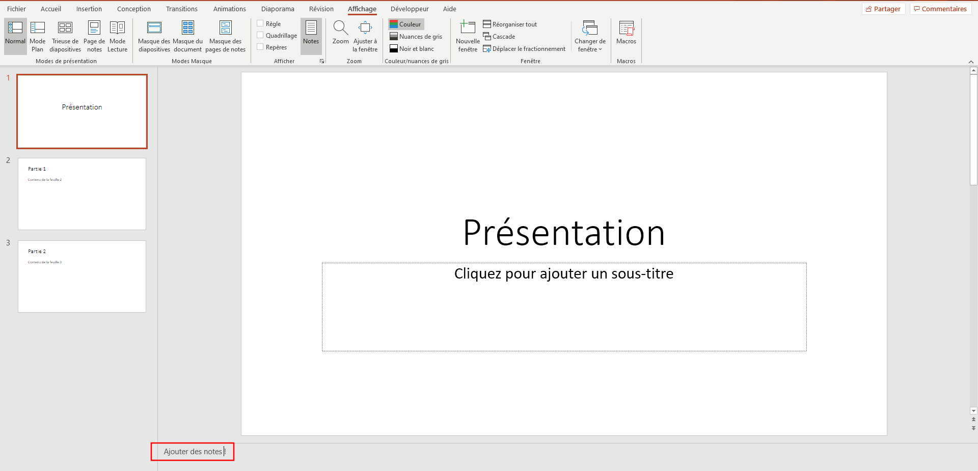 PowerPoint : entrer des notes dans la diapositive exemple.