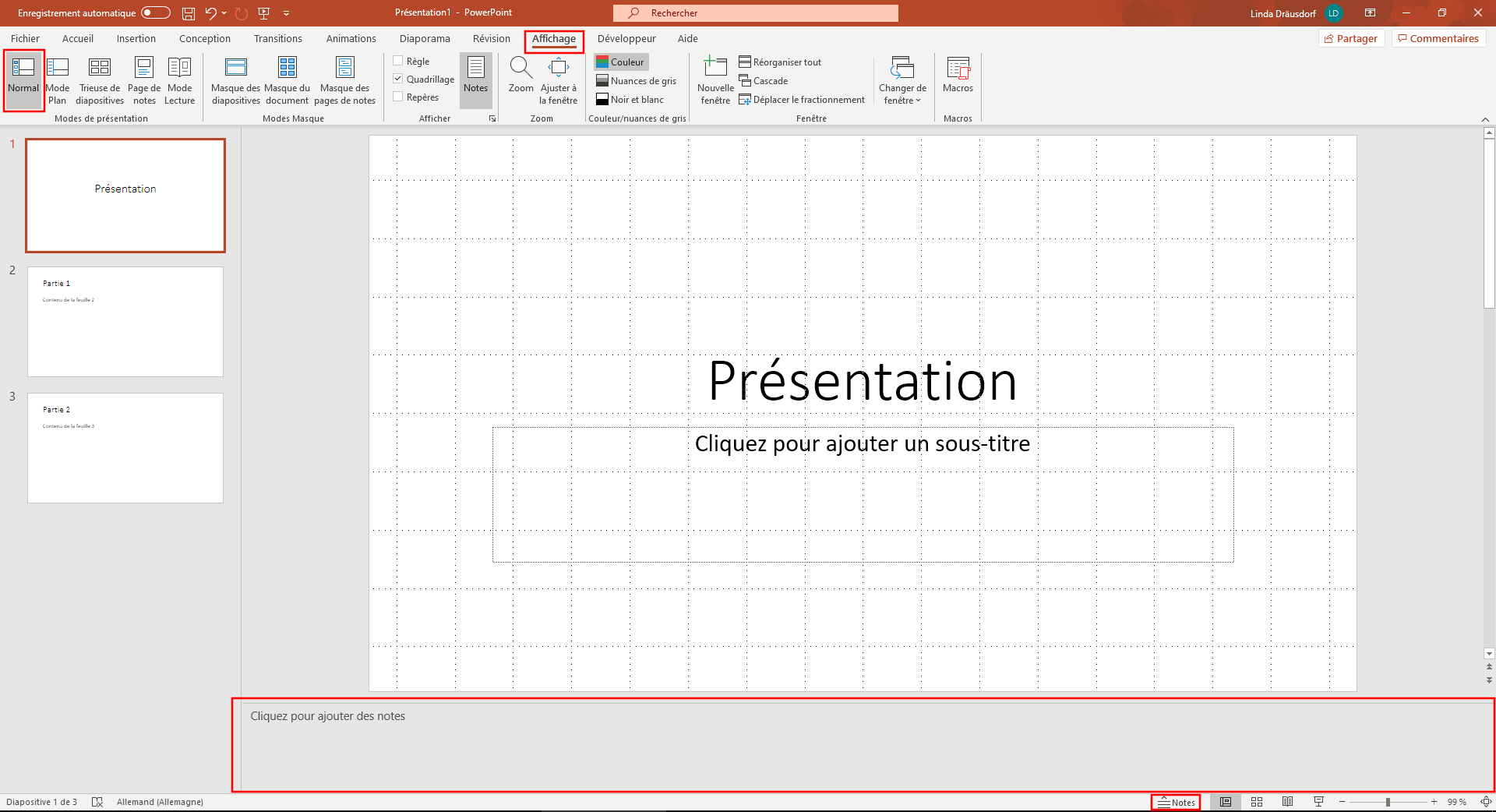 PowerPoint notes: afficher la zone de notes.