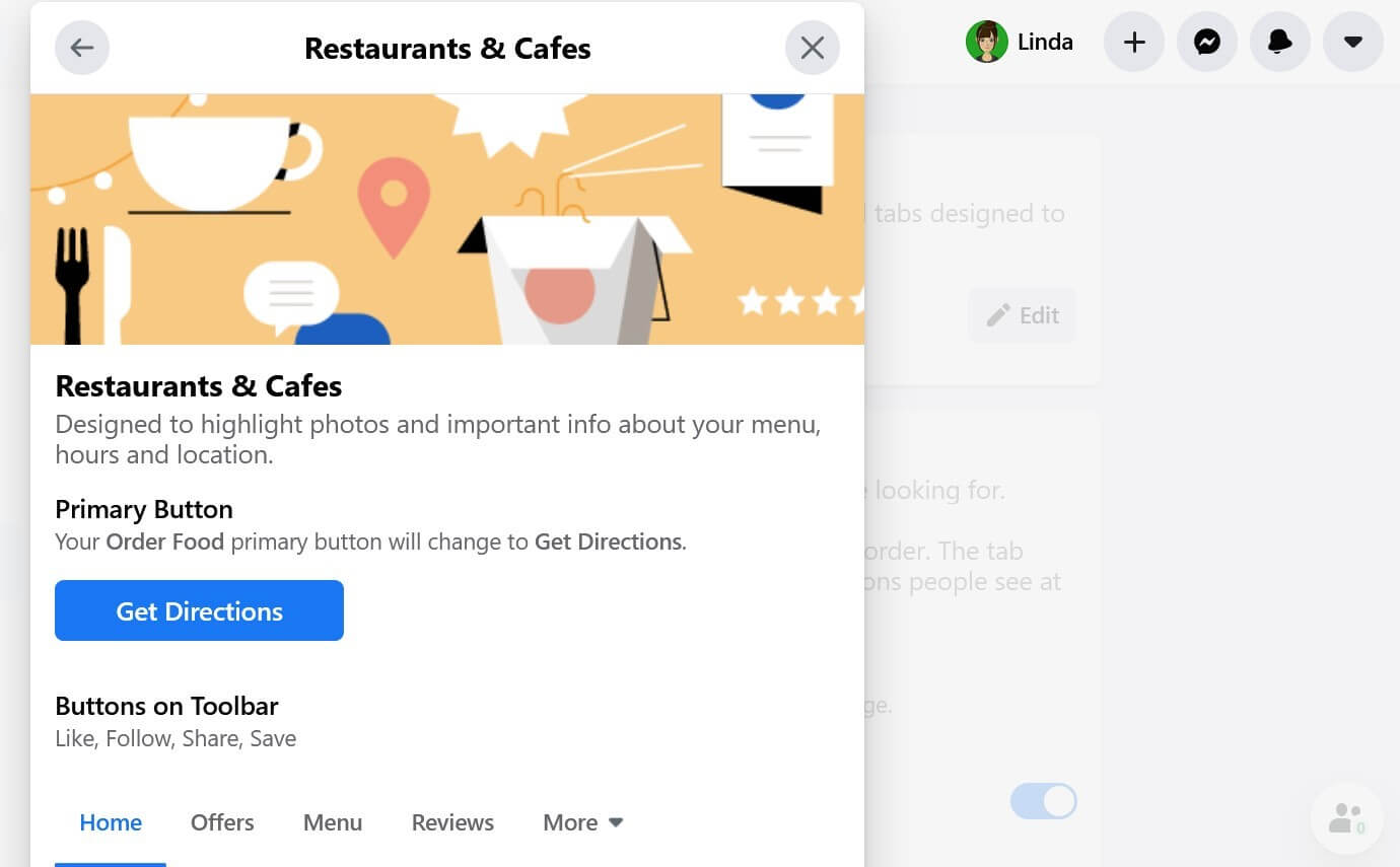 Modèle professionnel pour les restaurants et les cafés sur Facebook