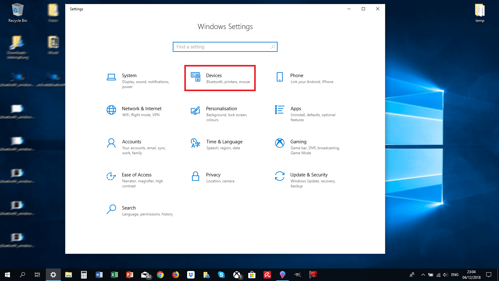 Paramètres sous Windows 10