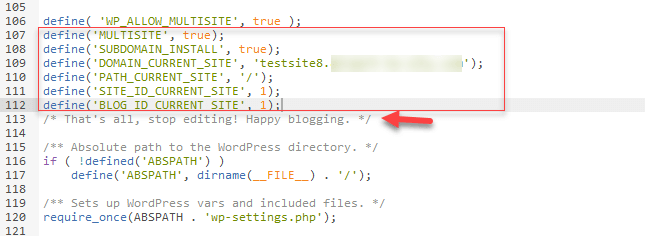 Fichier wp-config.php avec le code ajouté à partir du back-end WordPress