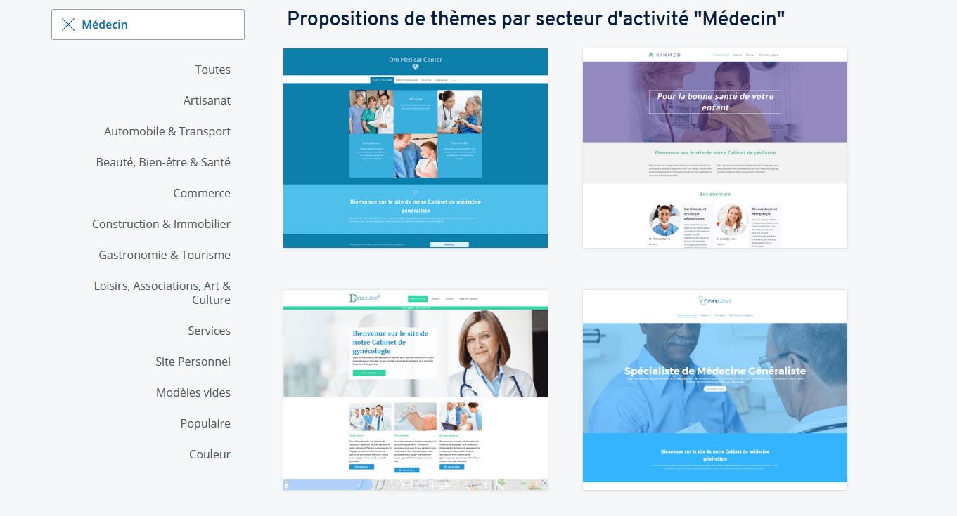 Thèmes de design IONOS : exemples proposés aux professionnels du secteur médical.