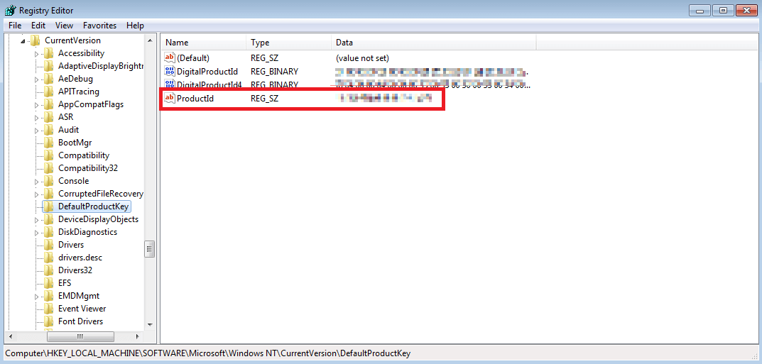 Éditeur de registre Windows avec la clé produit de Windows 7