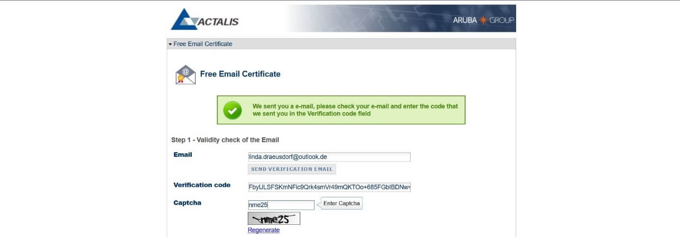 Formulaire « Free Email Certificate » d’Actalis