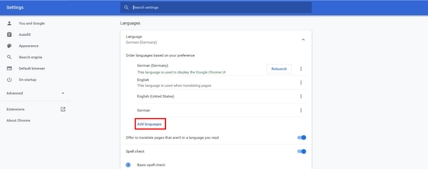 Bouton « Ajouter des langues » dans les paramètres de Google Chrome