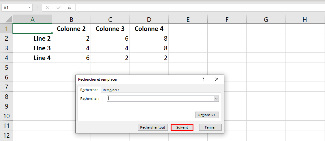 Boîte de dialogue dans Excel : Rechercher et remplacer