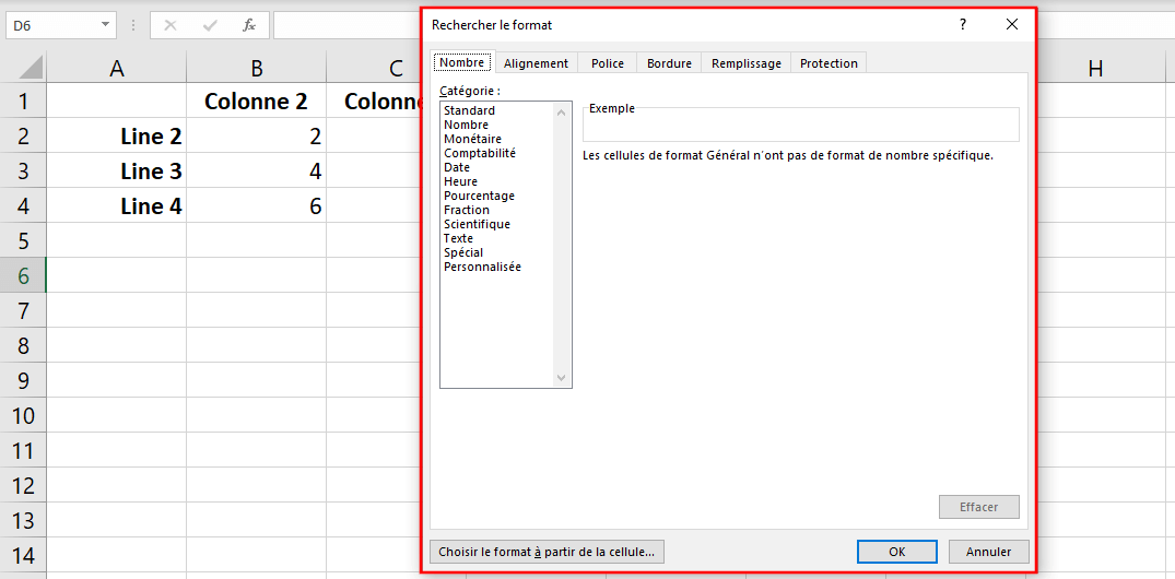 Boîte de dialogue permettant de rechercher des cellules ayant un certain formatage dans Excel