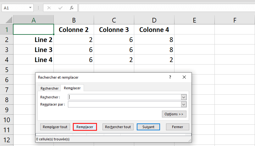 Boîte de dialogue pour Rechercher et Remplacer dans Excel
