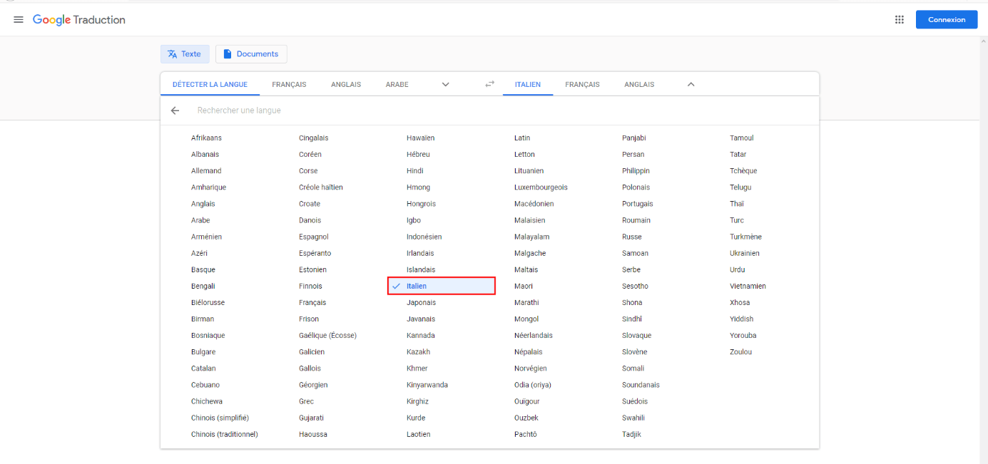 Choix de la langue dans Google Traduction