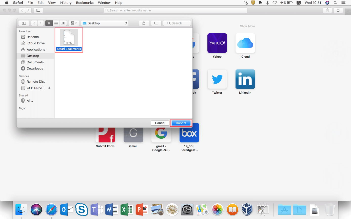 Sélection du fichier de favoris HTML dans l’explorateur macOS