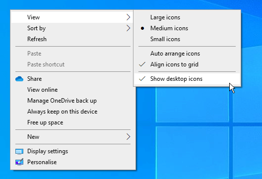 Menu contextuel pour afficher les icônes du bureau dans Windows 10