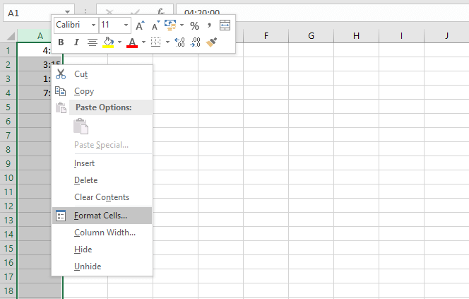 Menu contextuel dans Excel