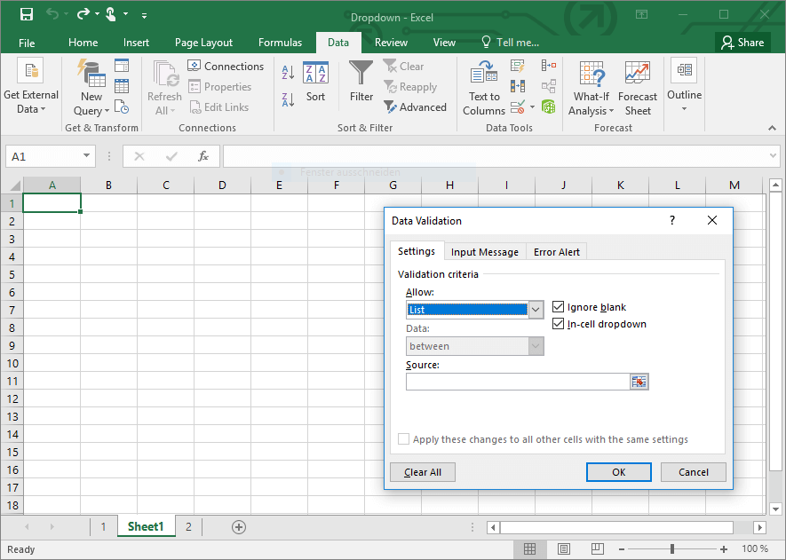 Menu de validation des données pour créer des listes déroulantes dans Excel