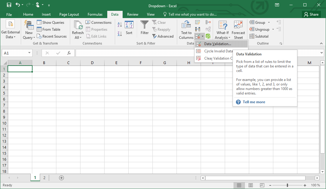 Fenêtre pour la validation des données dans Excel