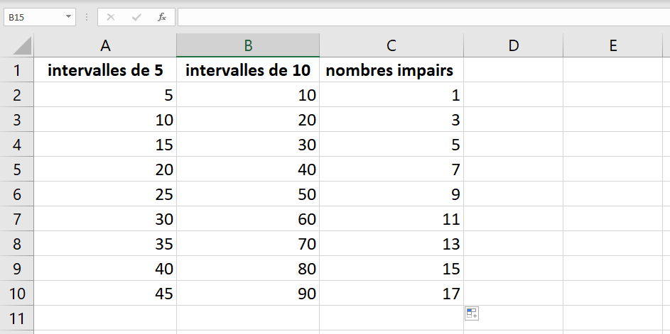 Différents intervalles de numérotation