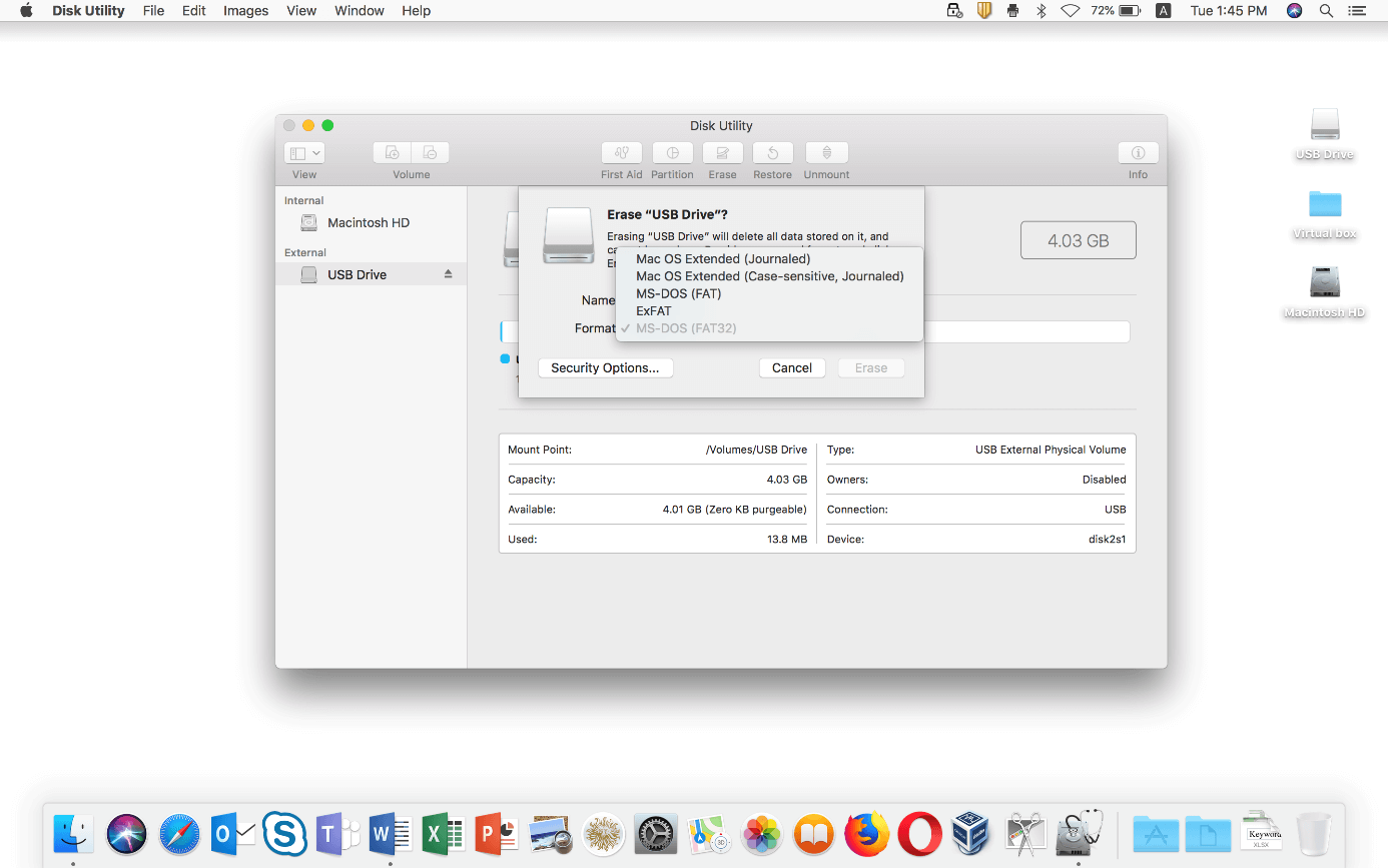 Utilitaire de disque (macOS) : sélection du système de fichiers USB