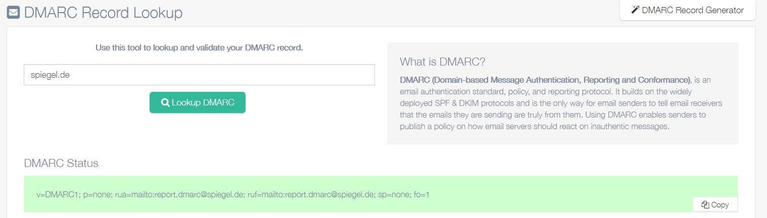 Capture d'écran de l’outils de recherche d’enregistrement DMARC sur easydmarc.com