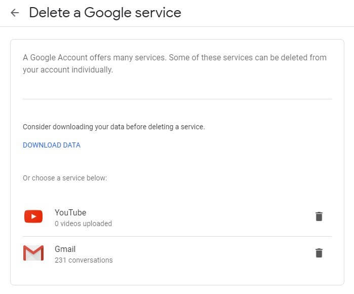 Fenêtre de téléchargement de vos données avant suppression de Gmail