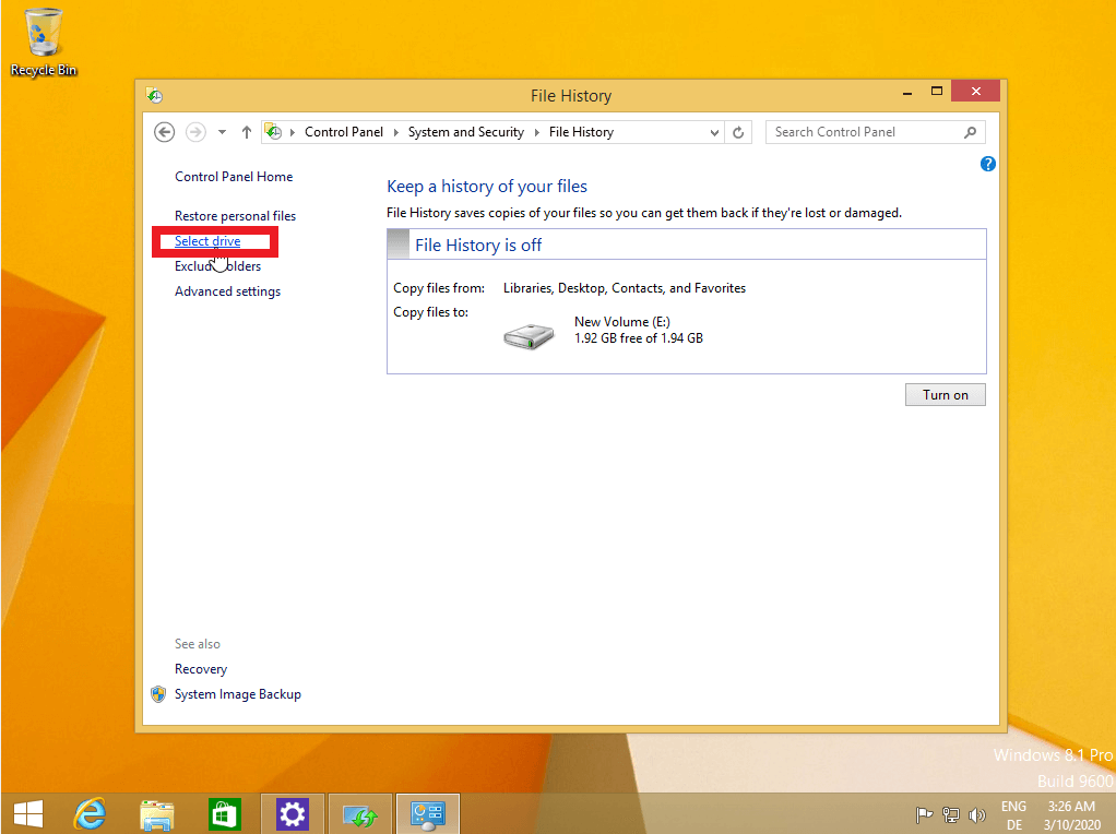 Sélection de lecteur pour la sauvegarde de Windows 8